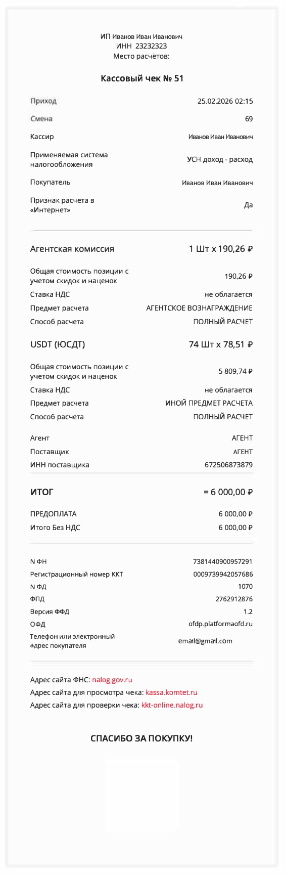 Пример кассового чека Комтет Касса / ОФД