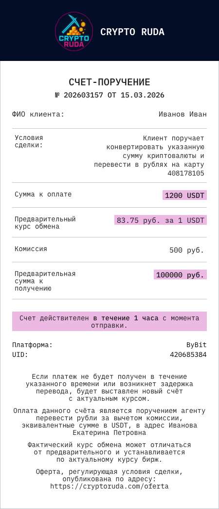 Счёт-поручение USDT → RUB